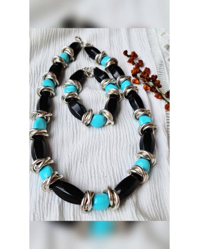 Collar Ágatas negras y turquesas
