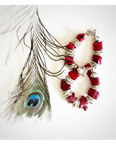 PULSERA CORAL Y PLATA
