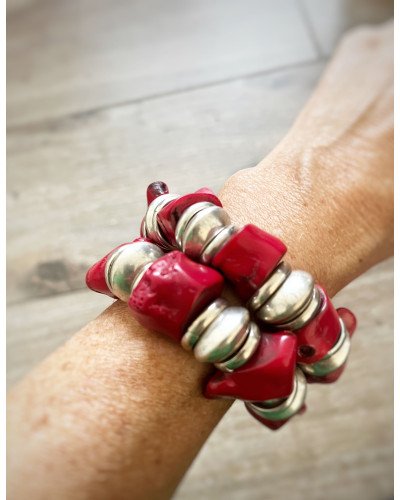 PULSERA CORAL Y PLATA