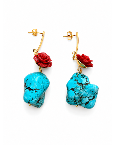 Pendientes turquesa grande y rosa roja