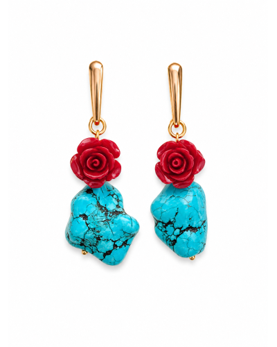 Pendientes turquesa grande y rosa roja