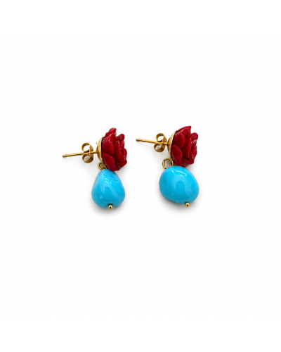 Pendientes rosa roja y turquesas mejicanas