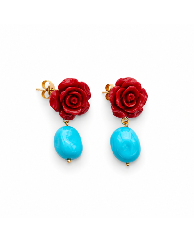 Pendientes rosa roja y turquesas mejicanas